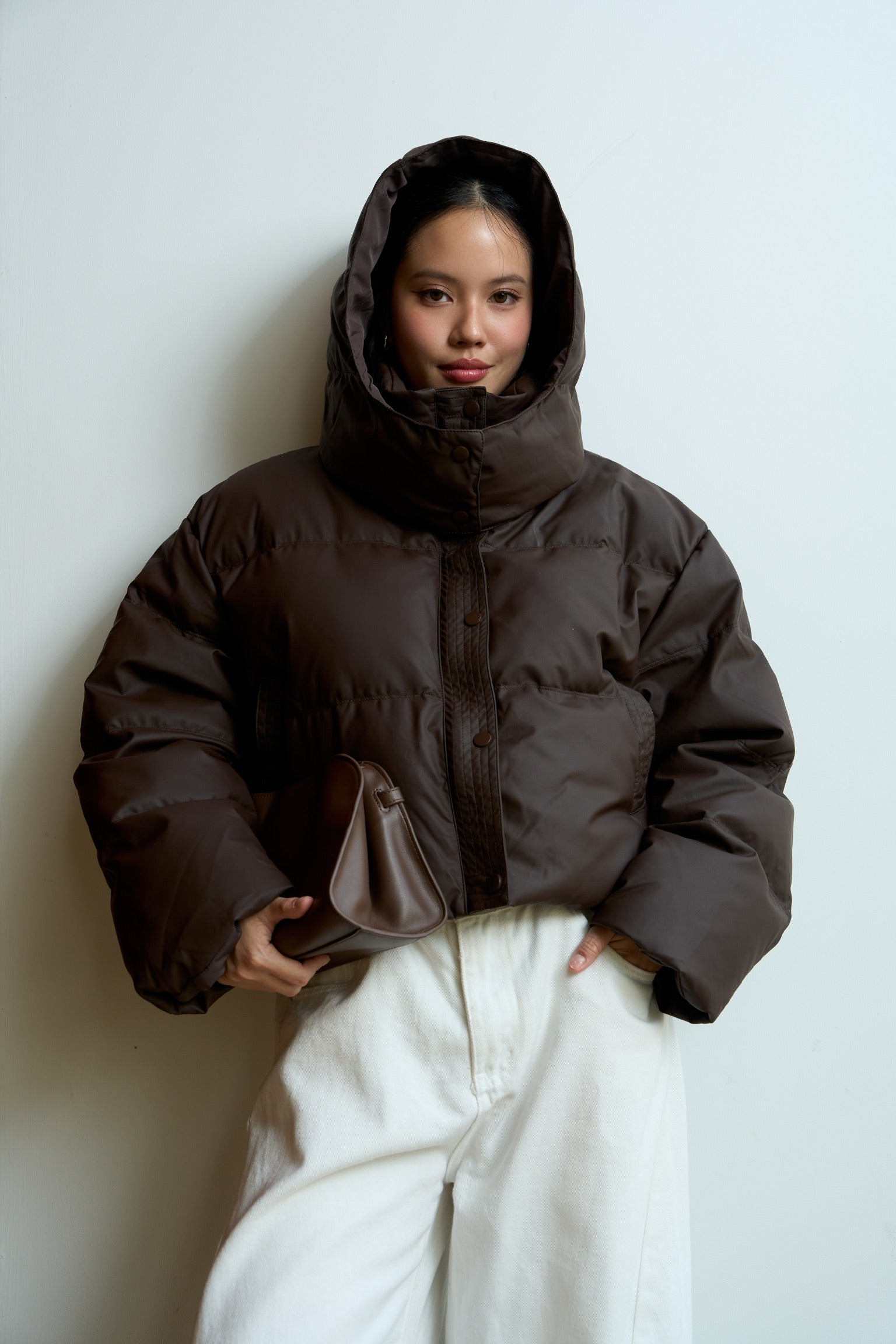 DOWN PUFFER JACKET WITH REMOVABLE HOOD - Available in Brown/ Black/ White/ Green