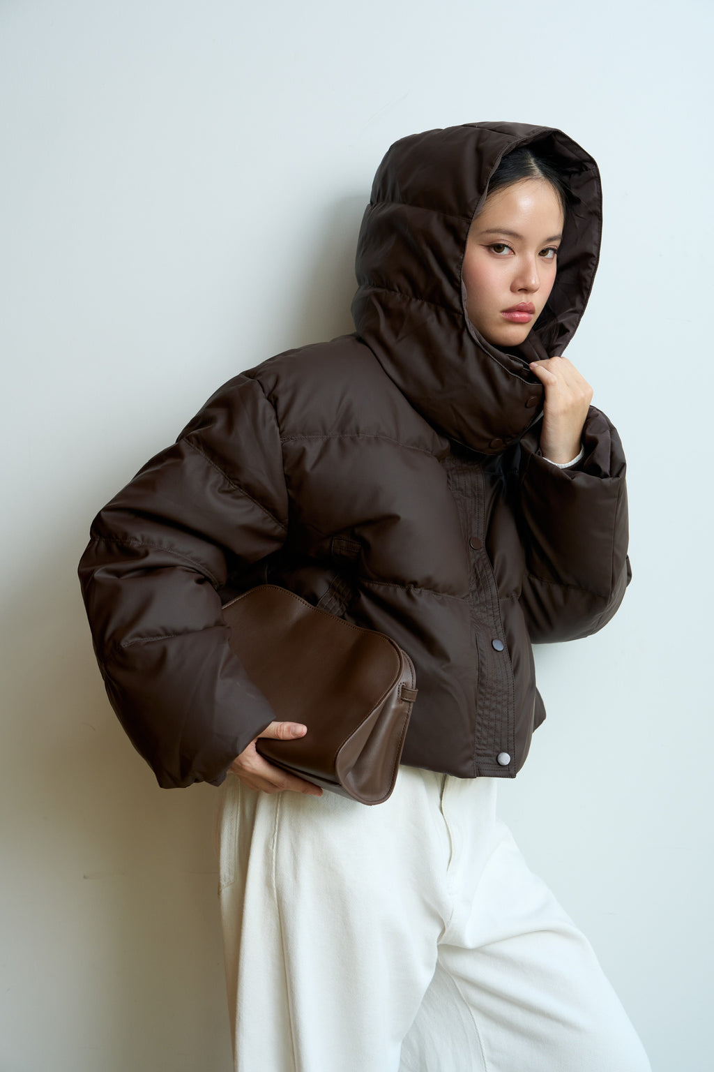 DOWN PUFFER JACKET WITH REMOVABLE HOOD - Available in Brown/ Black/ White/ Green