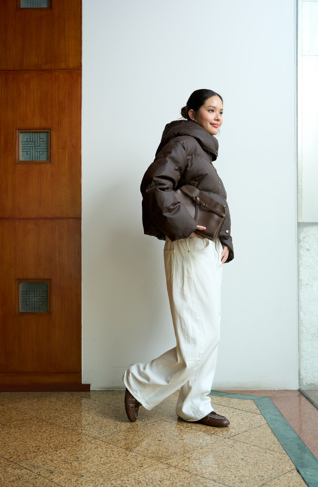 DOWN PUFFER JACKET WITH REMOVABLE HOOD - Available in Brown/ Black/ White/ Green
