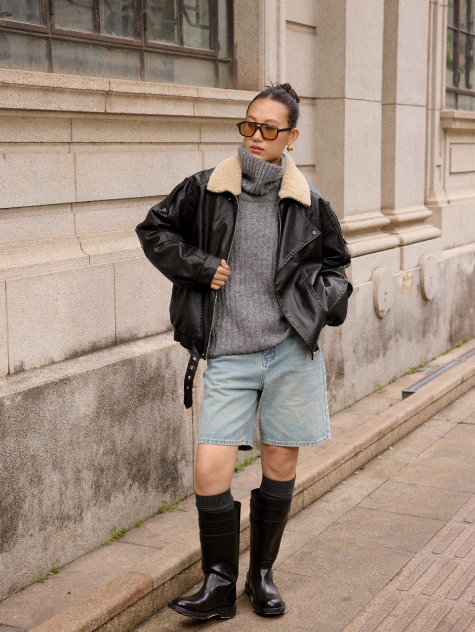 Leather jacket with faux fur collar