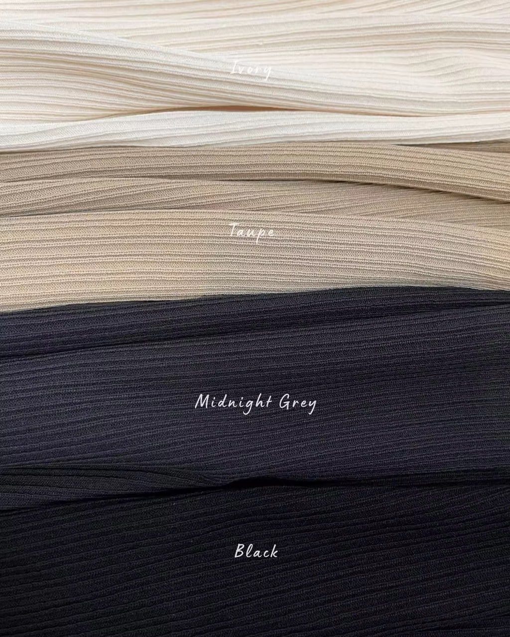 Four Knit Trousers in different colors labeled 'Beige', 'Taupe', 'Midnight Grey', and 'Black'.