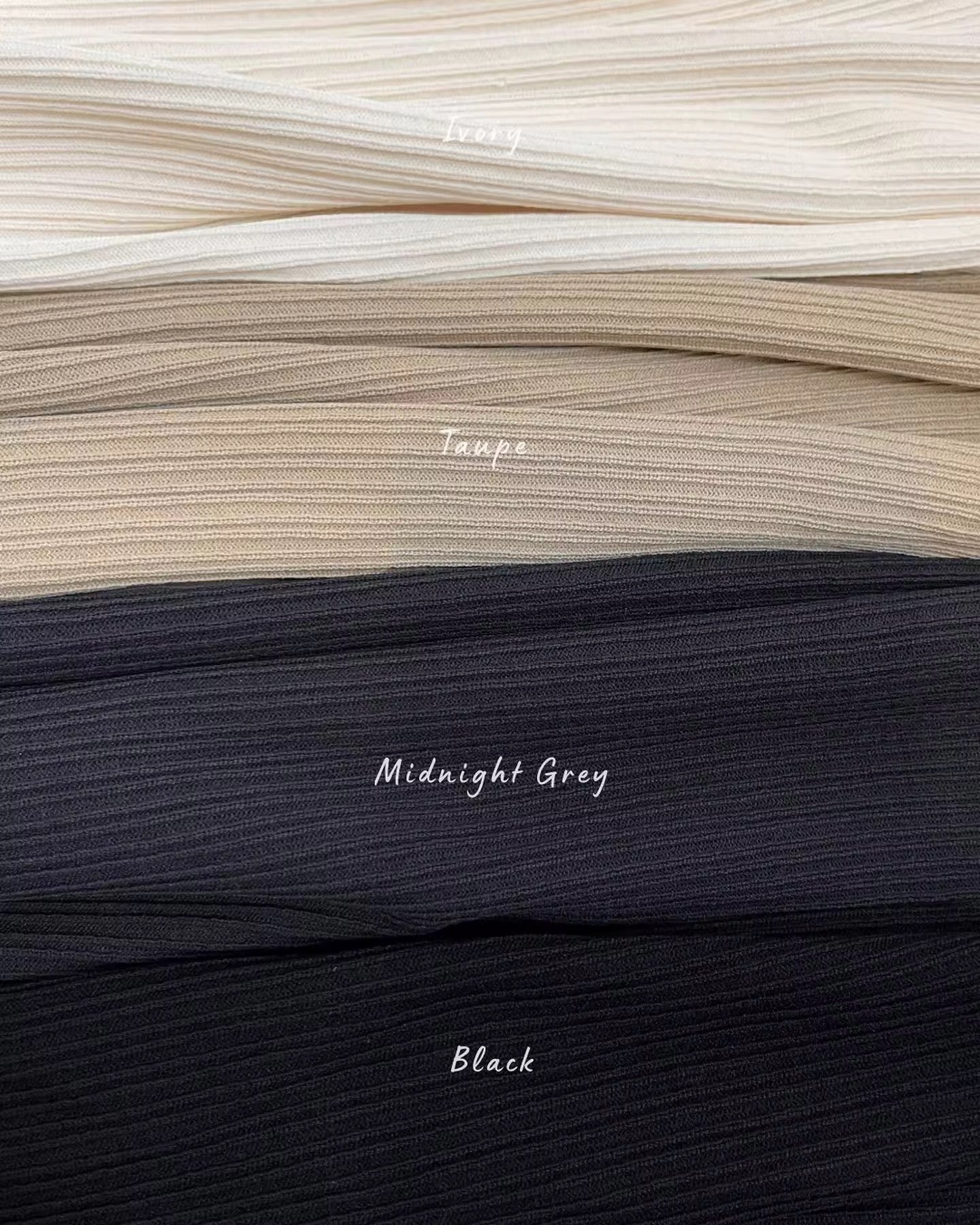 Four Knit Trousers in different colors labeled 'Beige', 'Taupe', 'Midnight Grey', and 'Black'.