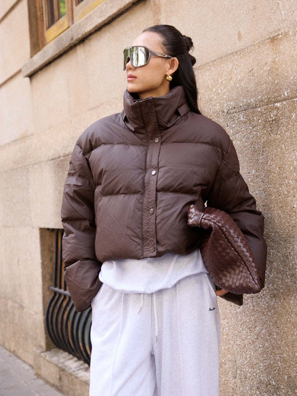 DOWN PUFFER JACKET WITH REMOVABLE HOOD - Available in Brown/ Black/ White/ Green