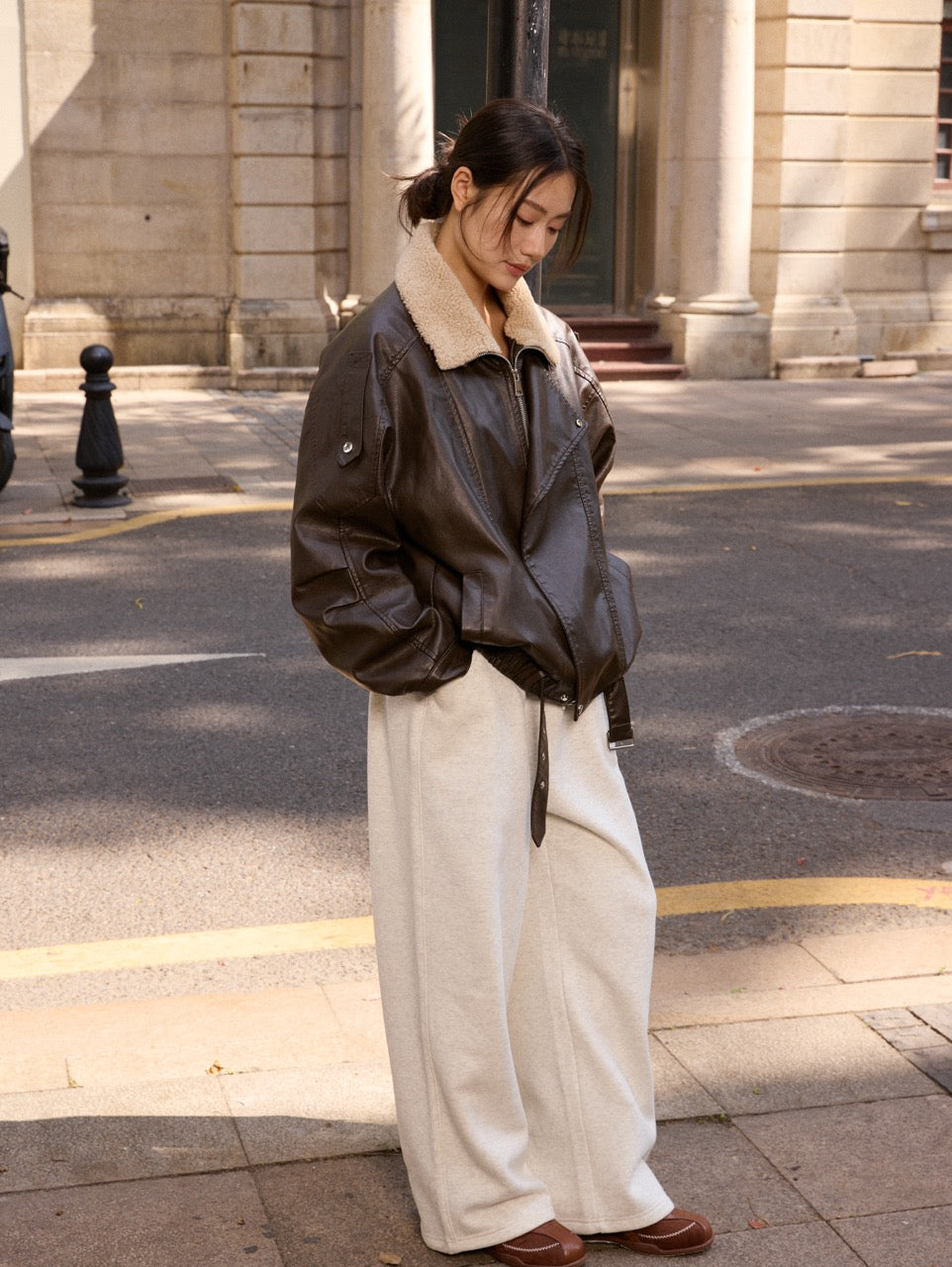 Leather jacket with faux fur collar