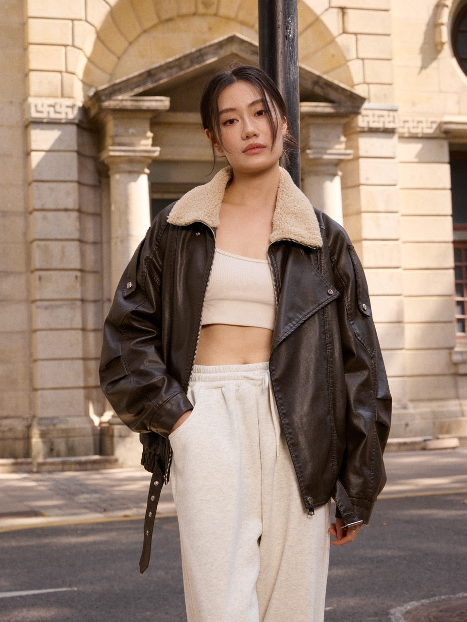 Leather jacket with faux fur collar