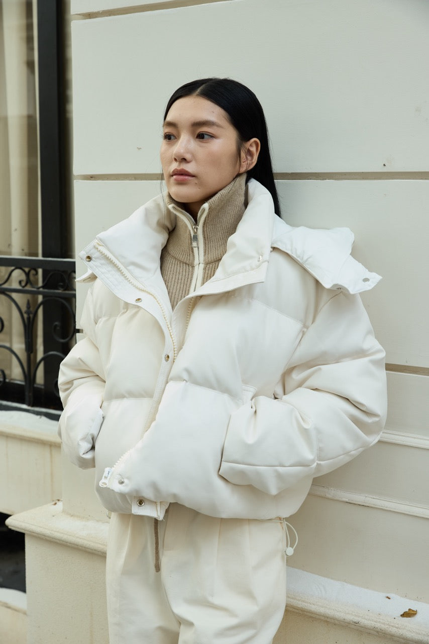 DOWN PUFFER JACKET WITH REMOVABLE HOOD - Available in Brown/ Black/ White/ Green